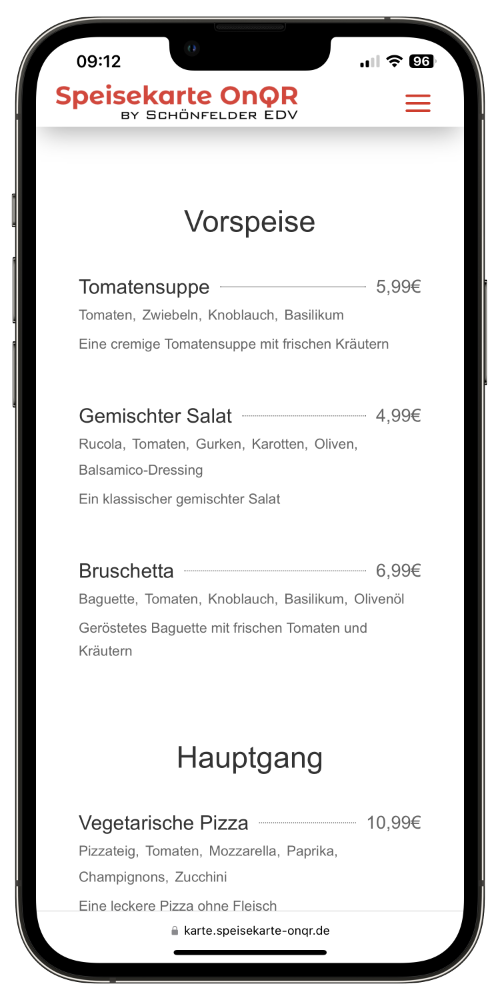 Speisekarte auf Englisch