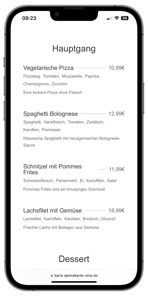 Speisekarte auf Englisch